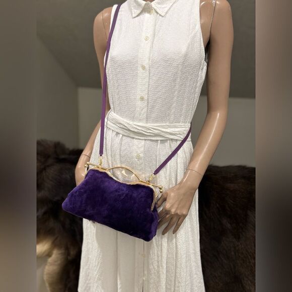 Purple Real Shearling Leather Double Kisslock & Top Handle Clutch with 2 Straps - Picture 11 of 16